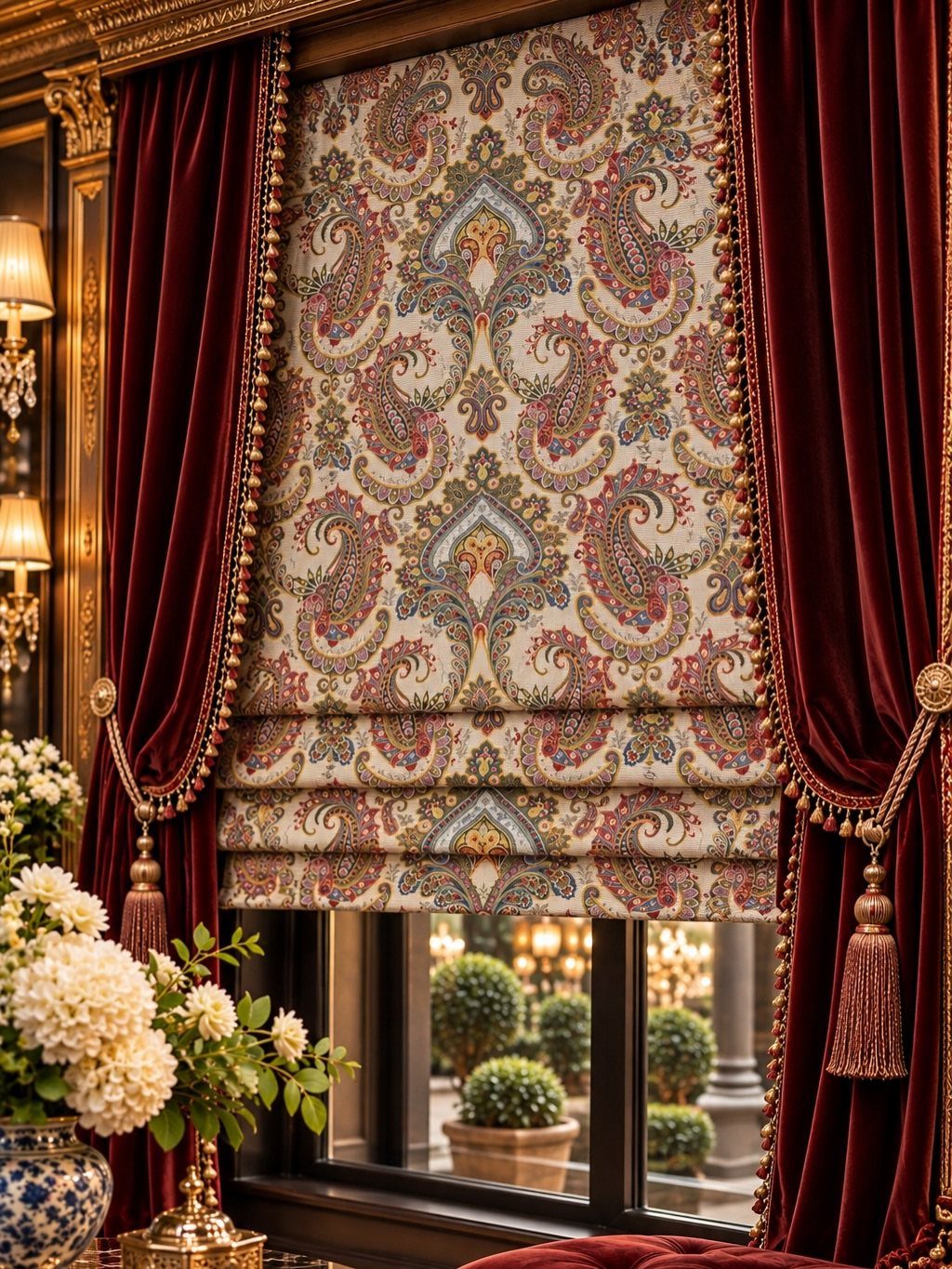 Red velvet curtains and paisley Roman shades in a luxurious gold-trimmed room.