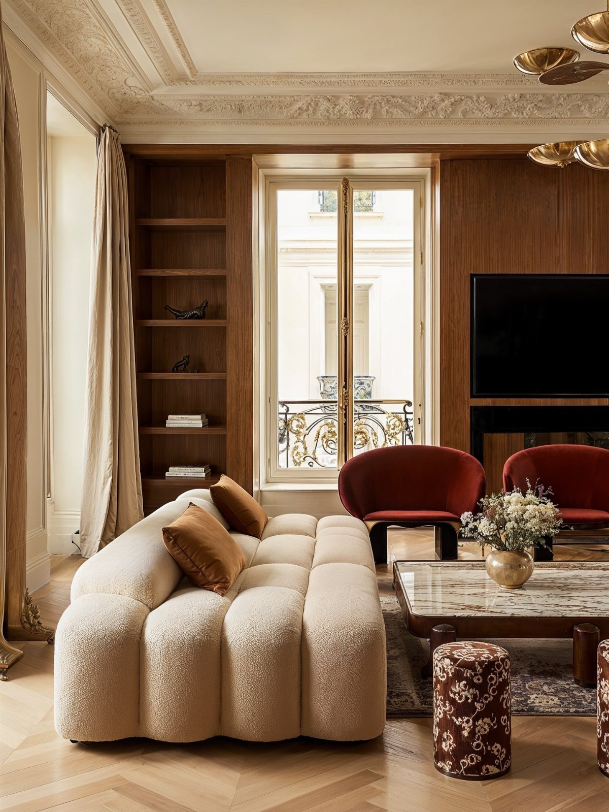 Cream modular curved sofa and red armchairs in a Parisian chic living room