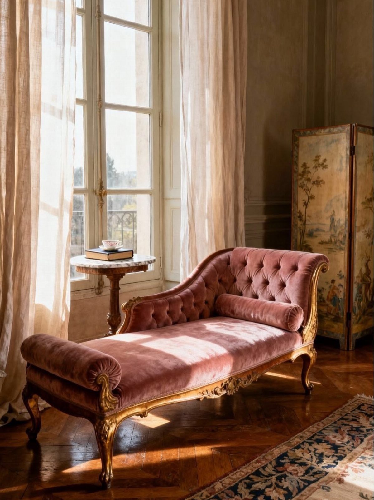 Pink velvet tufted chaise longue with gold frame in a sunlit Parisian room