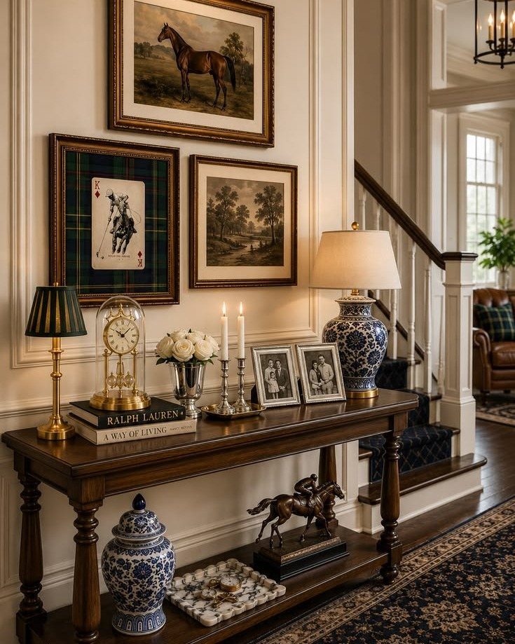 Framed art gallery wall layout above a wooden console table in a hallway