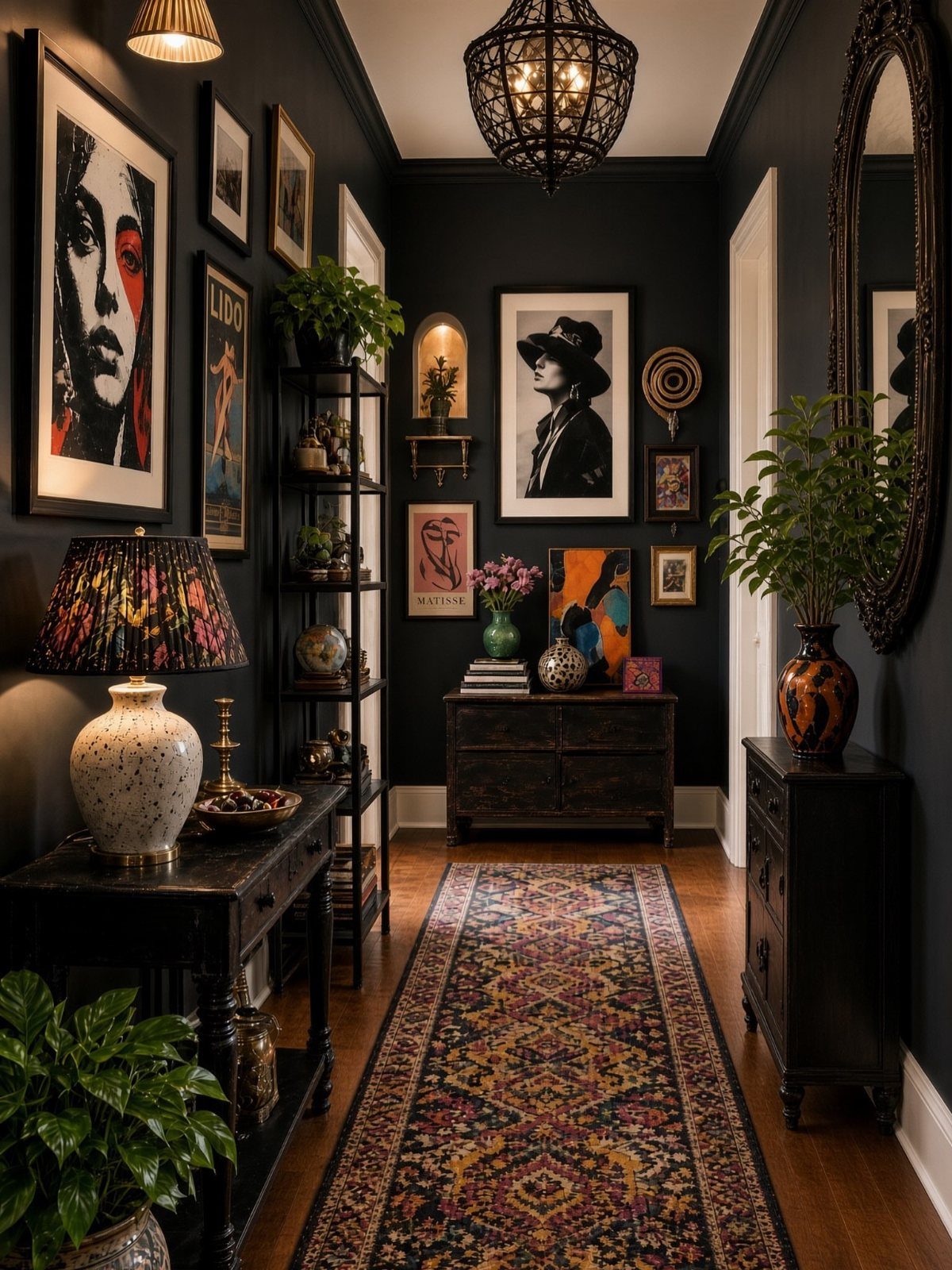 Gallery wall with diverse framed art in a dark hallway with patterned rug.