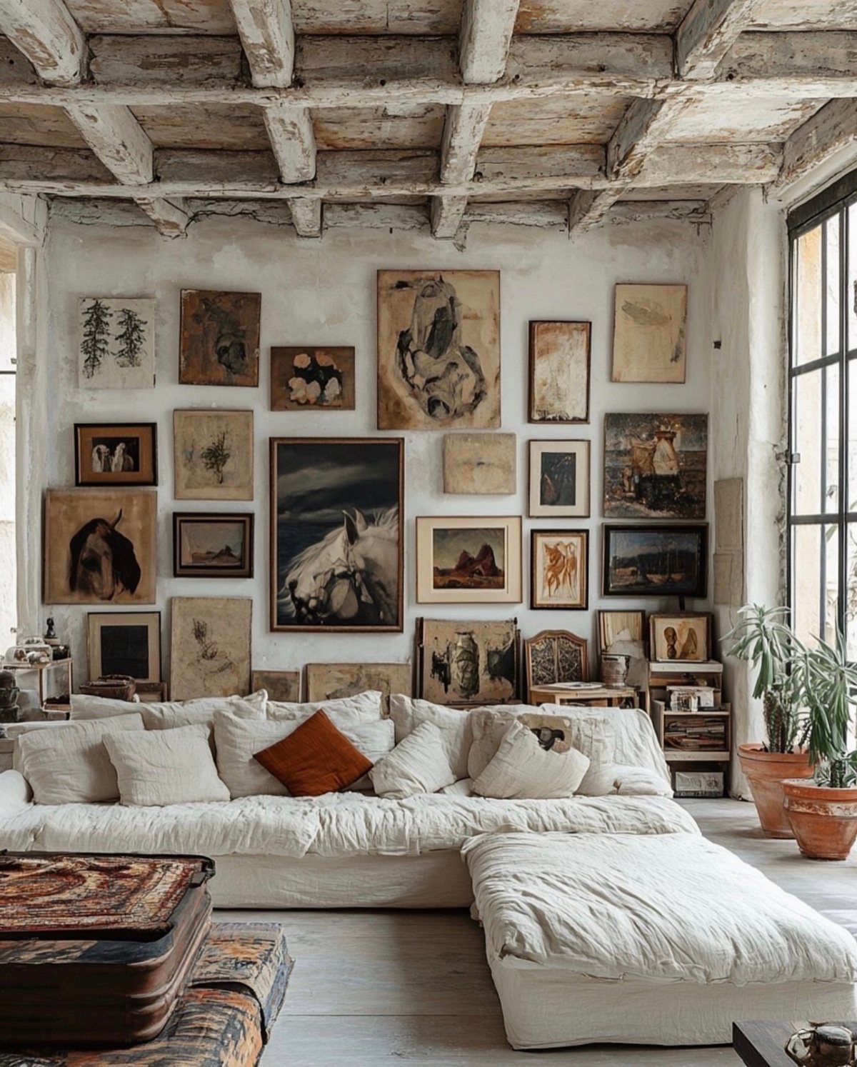 Gallery wall of earthy paintings above a white sectional sofa in rustic room