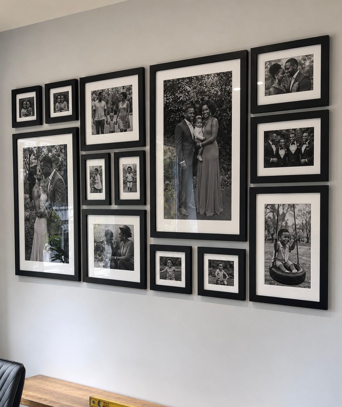Black and white family photos in black frames arranged in a rectangular gallery wall.