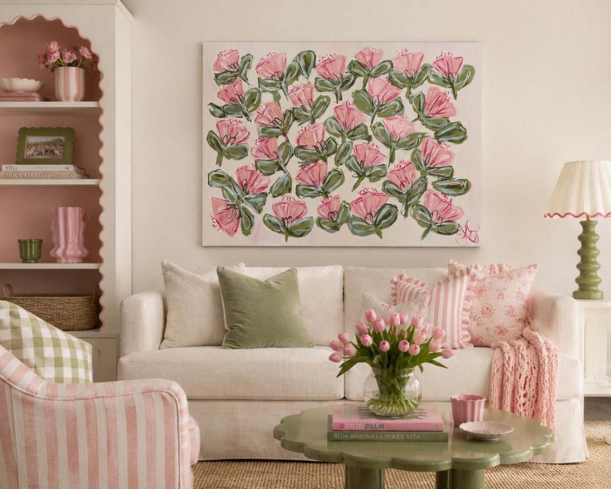 Large painting of pink flowers and green leaves above a white sofa.