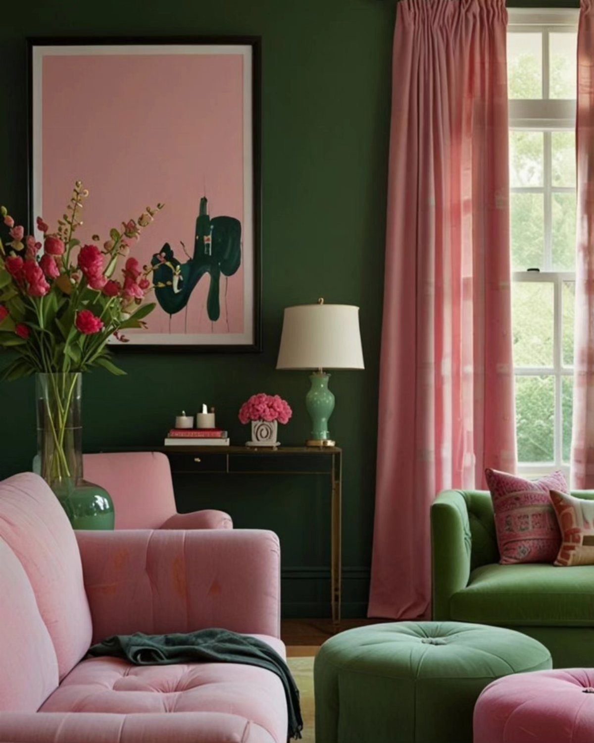 Living room with dark green walls, pink sofas, and green furniture accents.