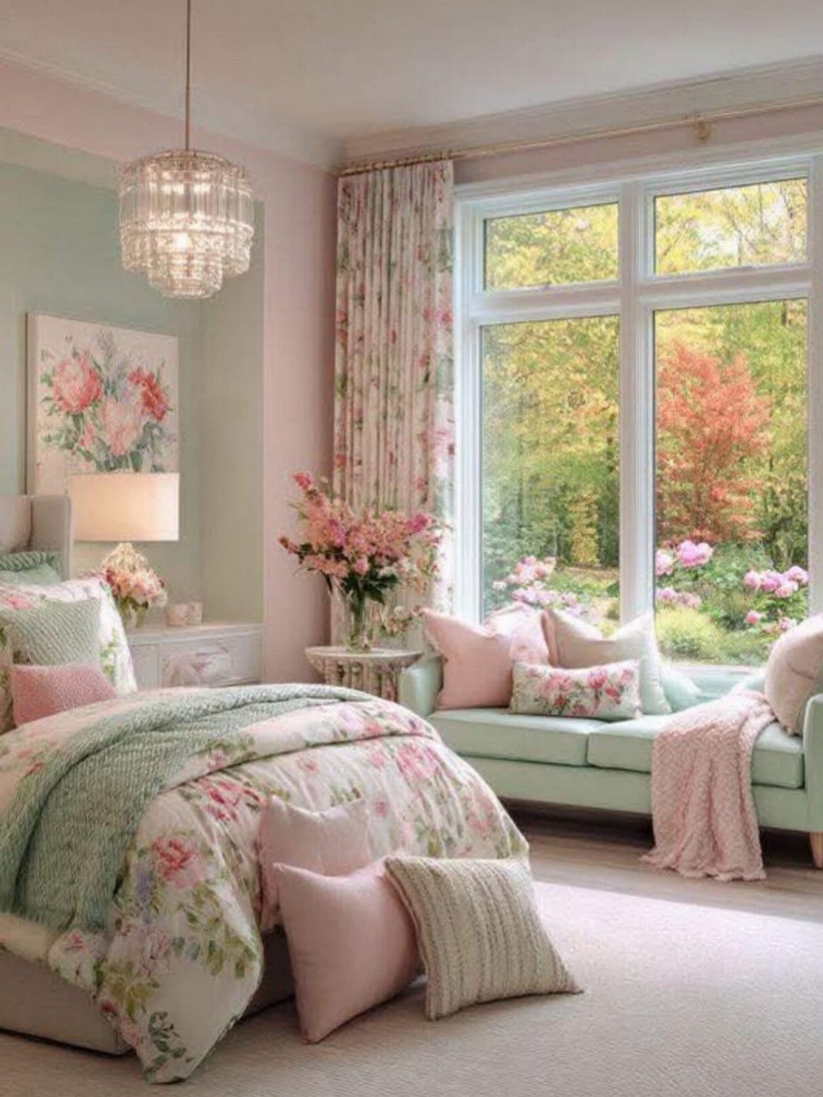 Bedroom with pink and green floral bedding, mint green sofa, and large window.