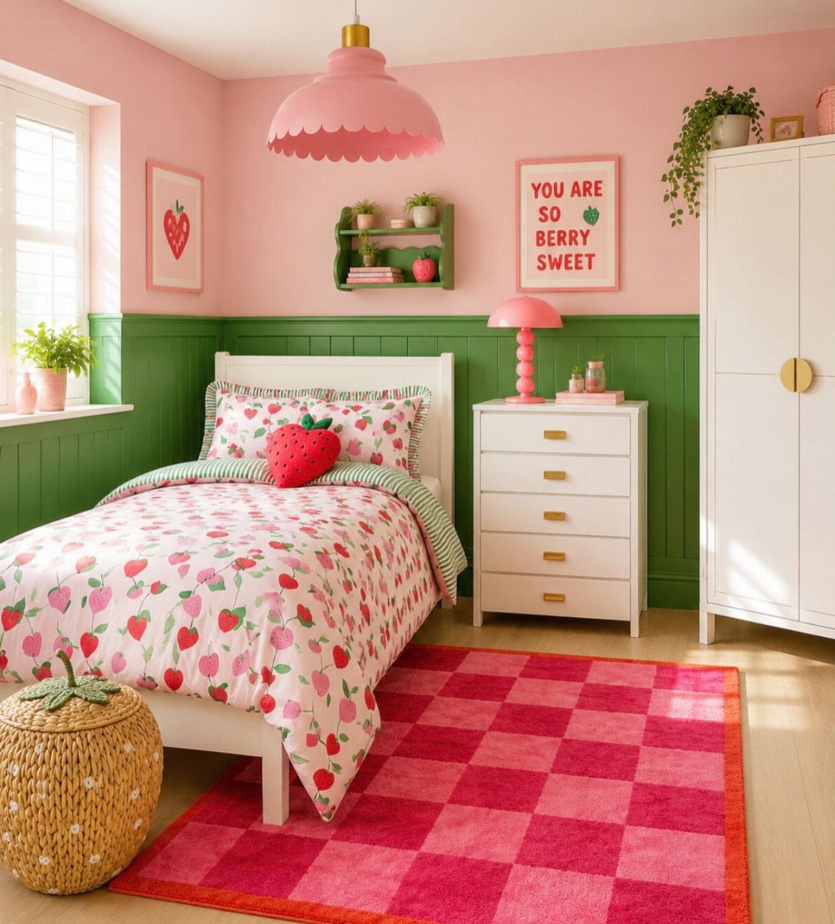 Child's bedroom with pink walls, green wainscoting, and strawberry themed bedding and decor.