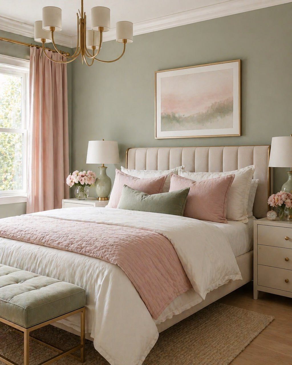 Bedroom with sage green walls, pink bedding, and a gold chandelier.