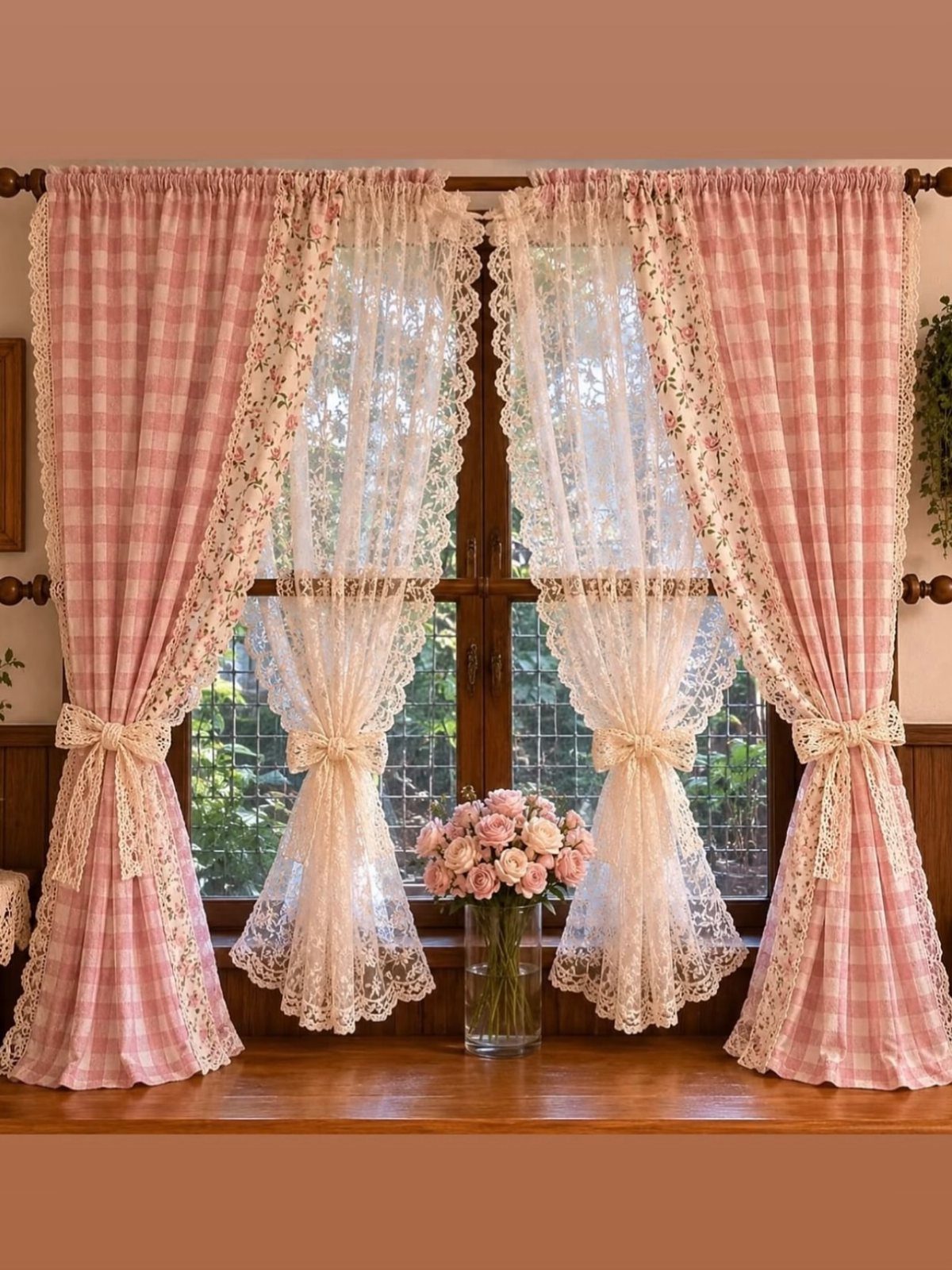 Pink checkered and lace curtains framing a window with pink roses on the sill