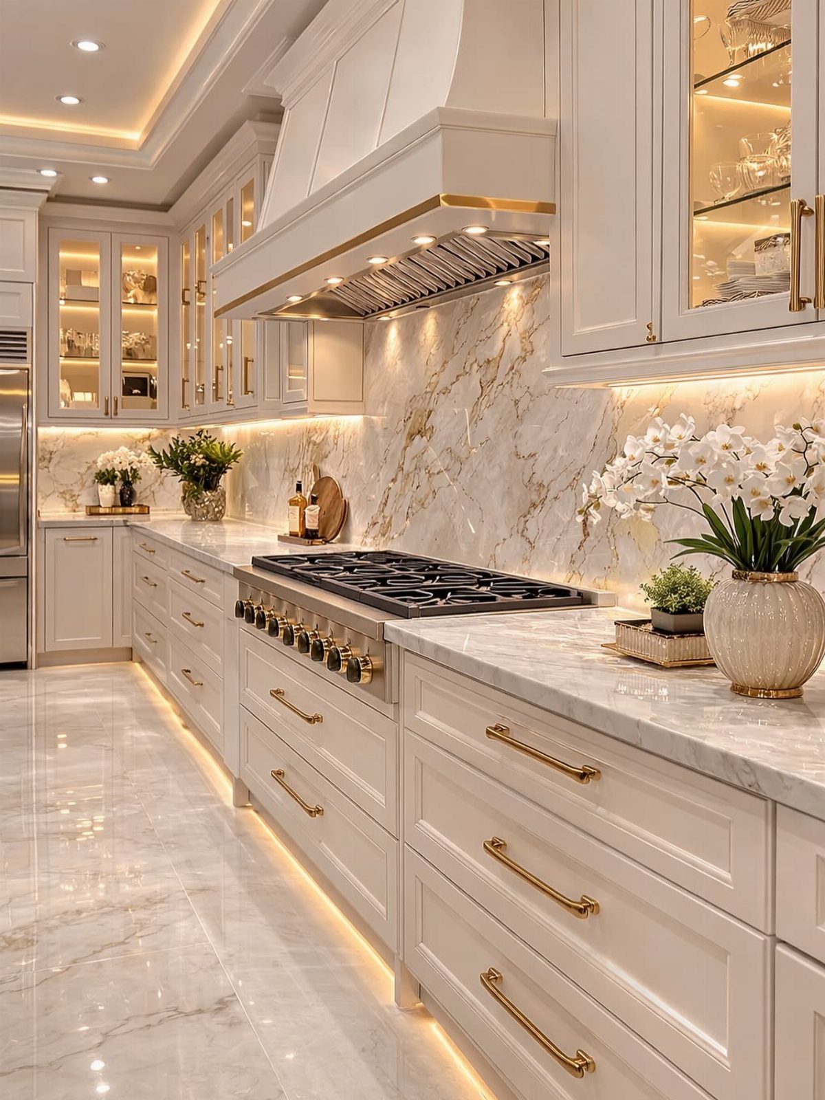 Modern white kitchen with marble surfaces, gold accents, and warm under-cabinet lighting.