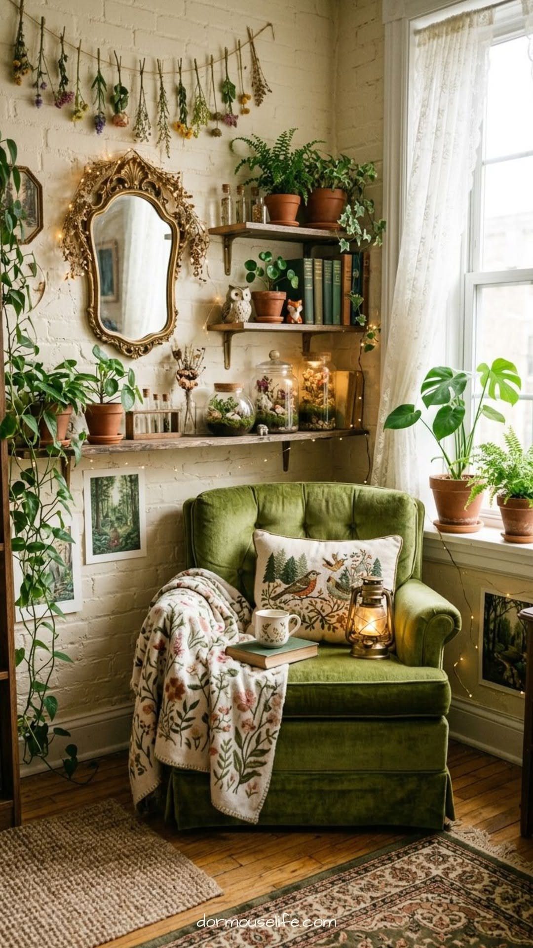 Green velvet armchair in a cozy nook with plants, books, and ornate mirror.
