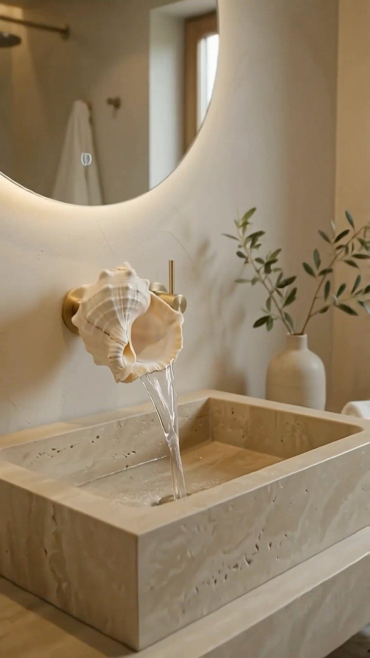 Beige stone vessel sink with a brass seashell faucet and backlit mirror.