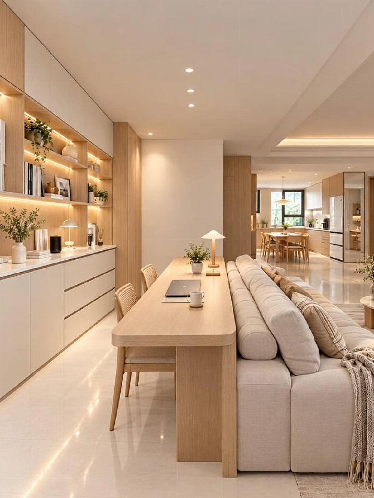 Modern open-concept living room with a long wooden table integrated with a beige sofa.