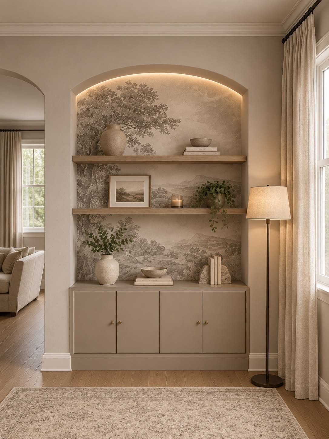 Arched alcove with landscape mural wallpaper, wooden shelves, and built-in beige cabinetry.