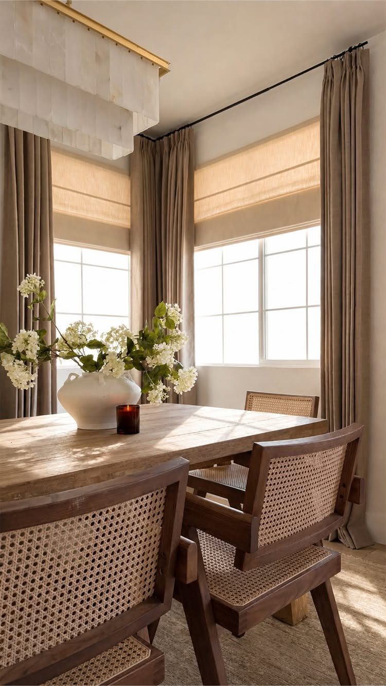 Beige Roman shades and matching curtains framing windows in a modern dining room.