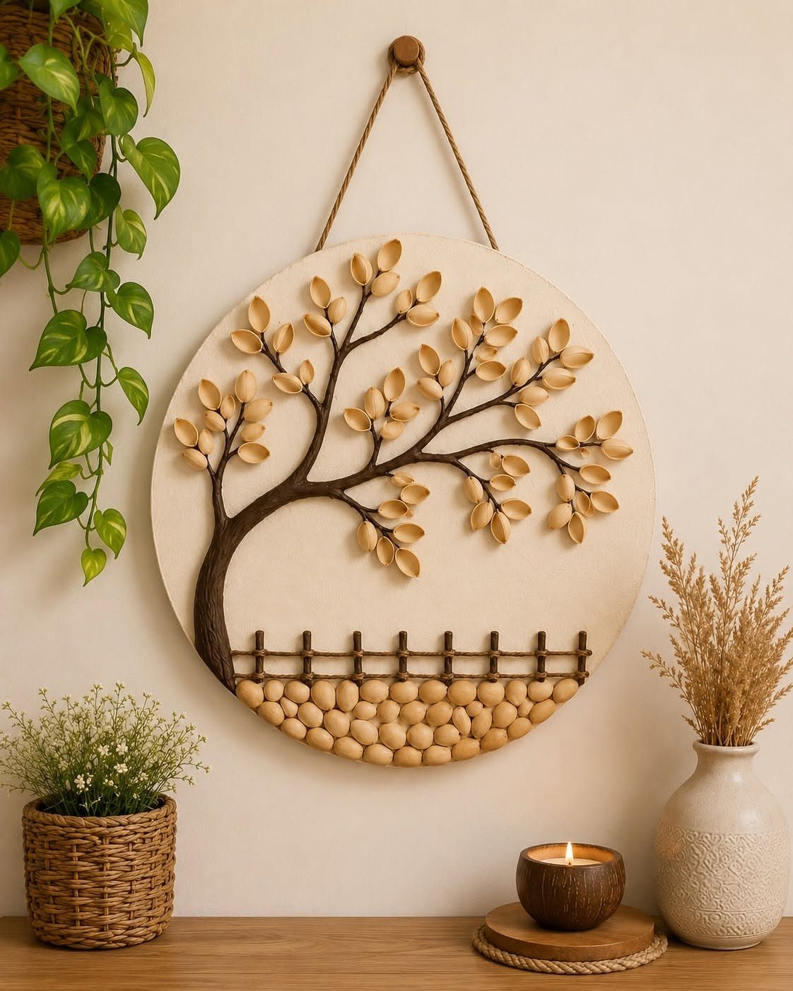 Circular decorative wall plate with a 3D tree relief hanging on a beige wall.