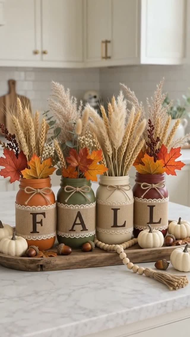 Painted mason jars spelling FALL with autumn foliage on a wooden tray.