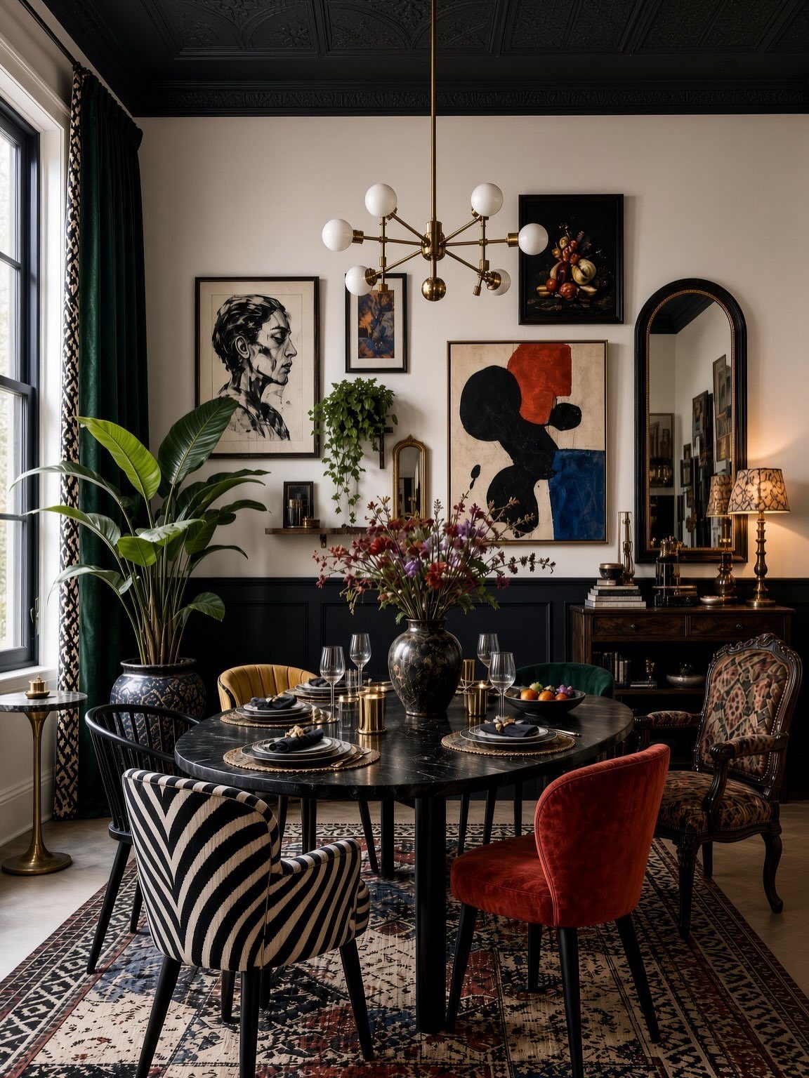 Dining room with black ceiling, colorful eclectic furniture, and vibrant wall art.