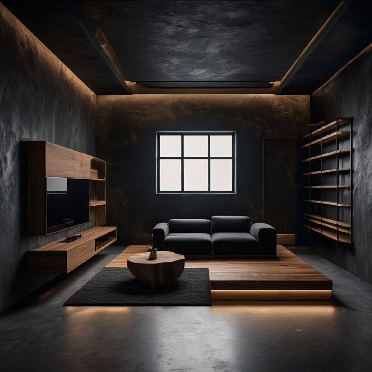 Modern living room with a black ceiling, dark walls, and warm accent lighting.