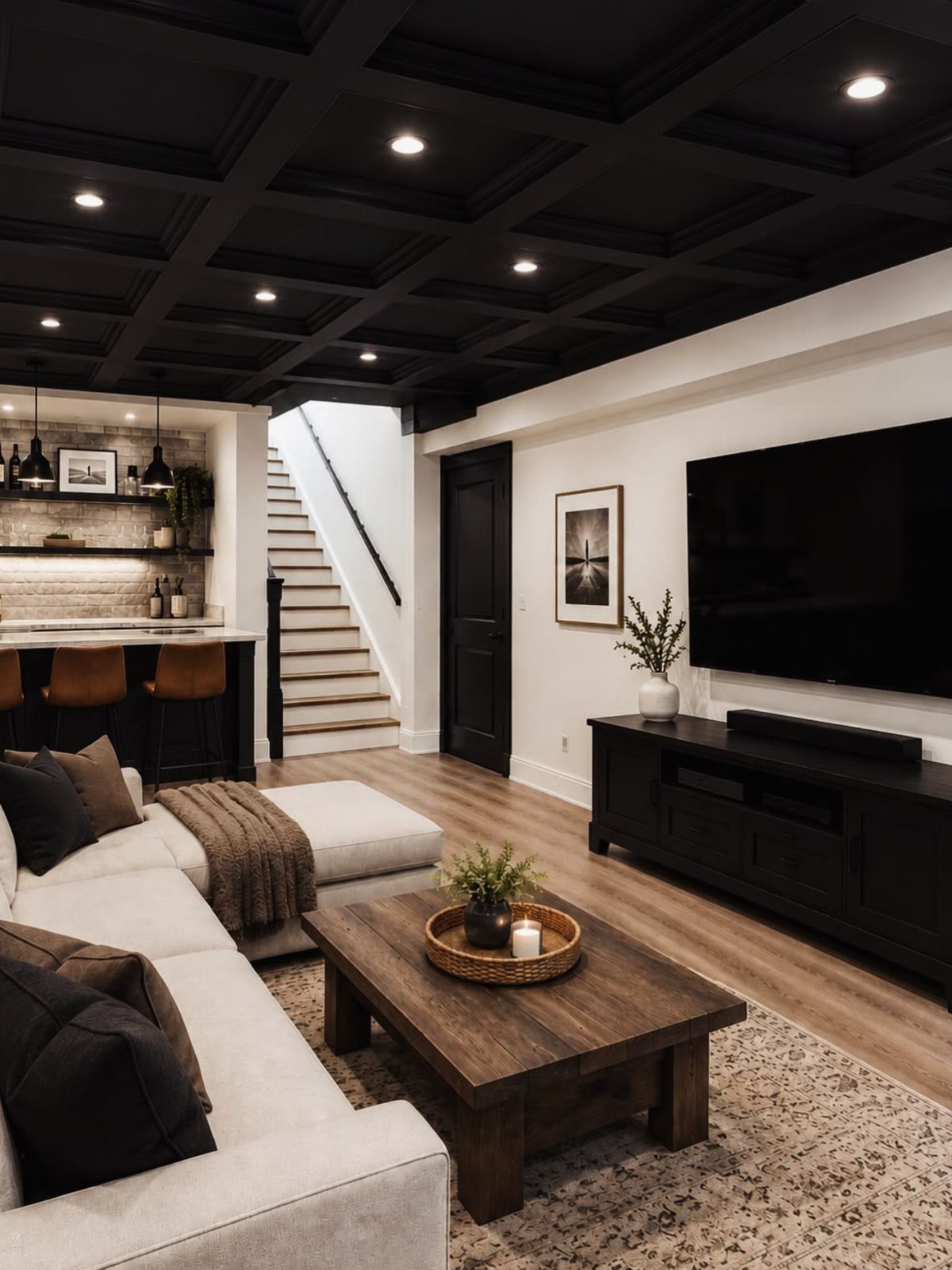 Black coffered ceiling in a modern living room with white walls and neutral furniture.