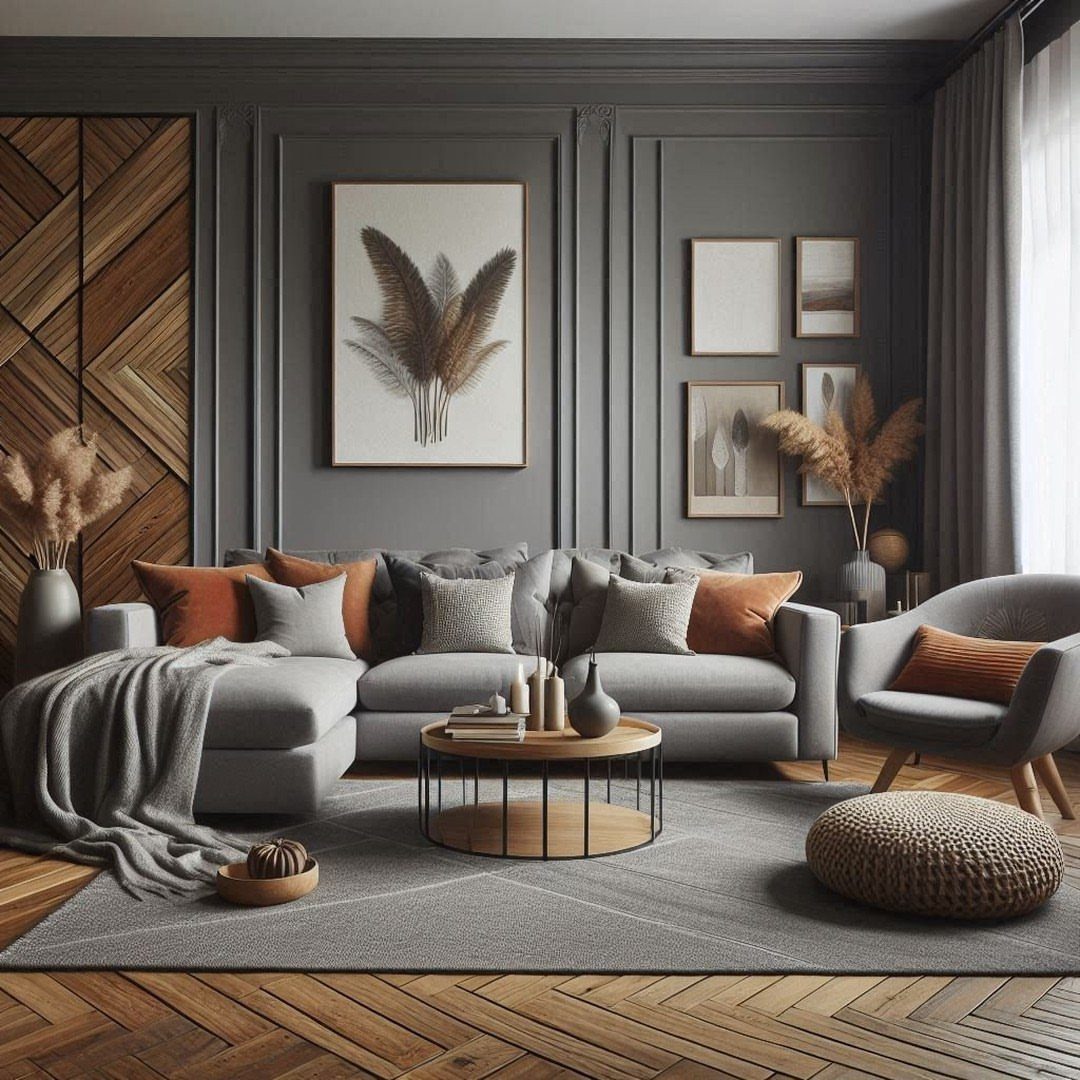 Grey sectional sofa and grey area rug in a modern living room.