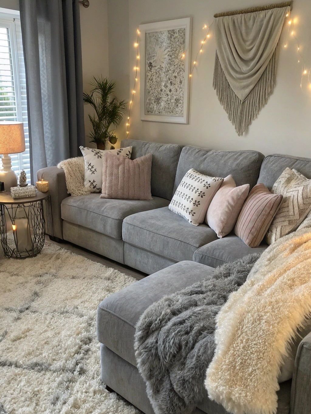 Ivory shag rug under a grey sectional sofa with pink decorative pillows.