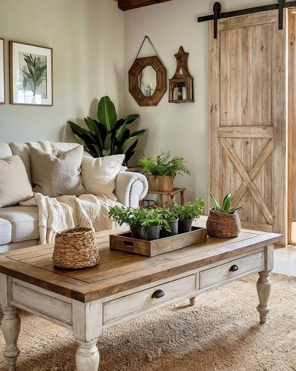 Farmhouse coffee table with wooden top and white drawers in a rustic living room