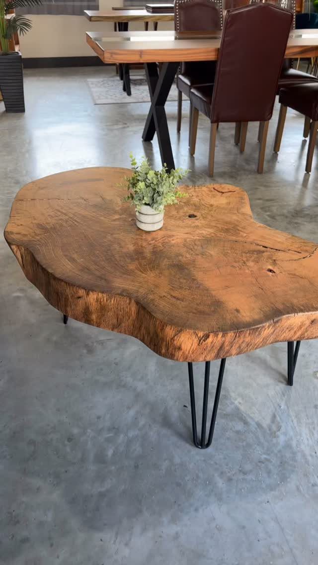 Live-edge wooden coffee table with organic edges and black metal hairpin legs.