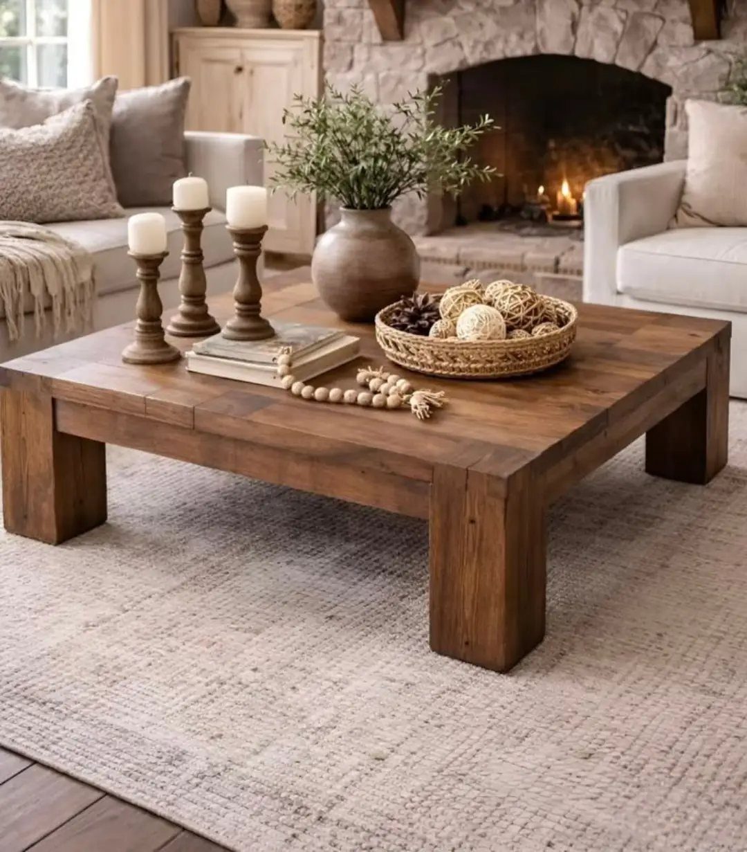 Chunky square wooden coffee table with block legs in a cozy living room
