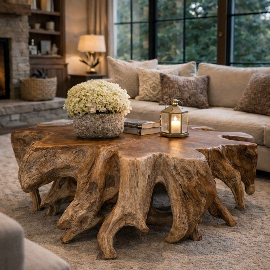 Rustic wooden coffee table made from a natural tree root in a living room