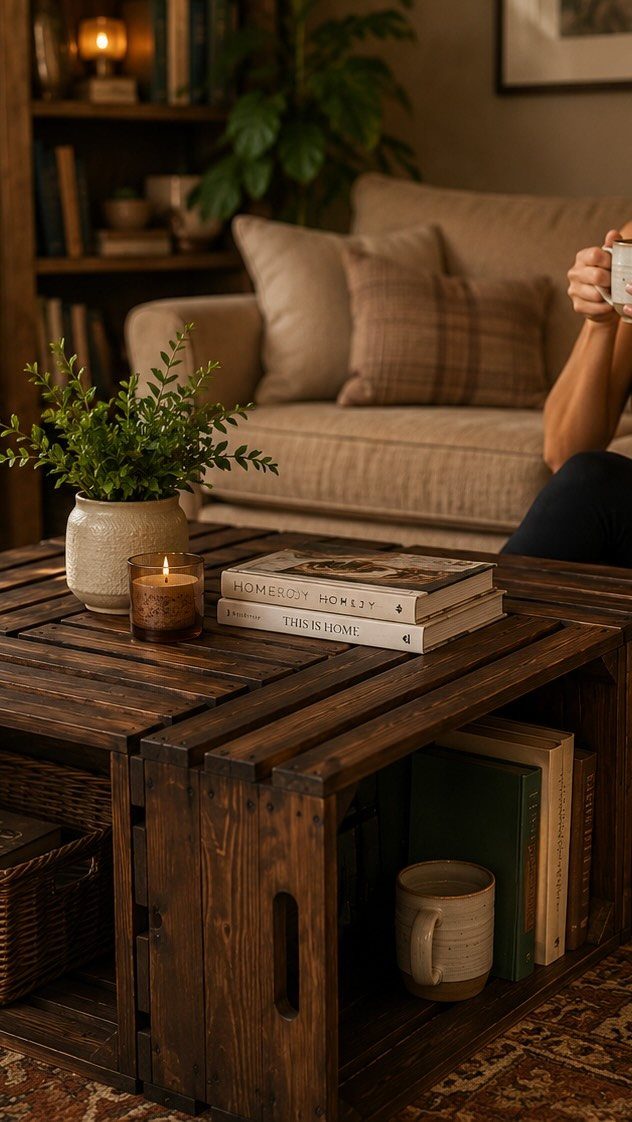 Rustic wooden coffee table made of crates with books and a small plant