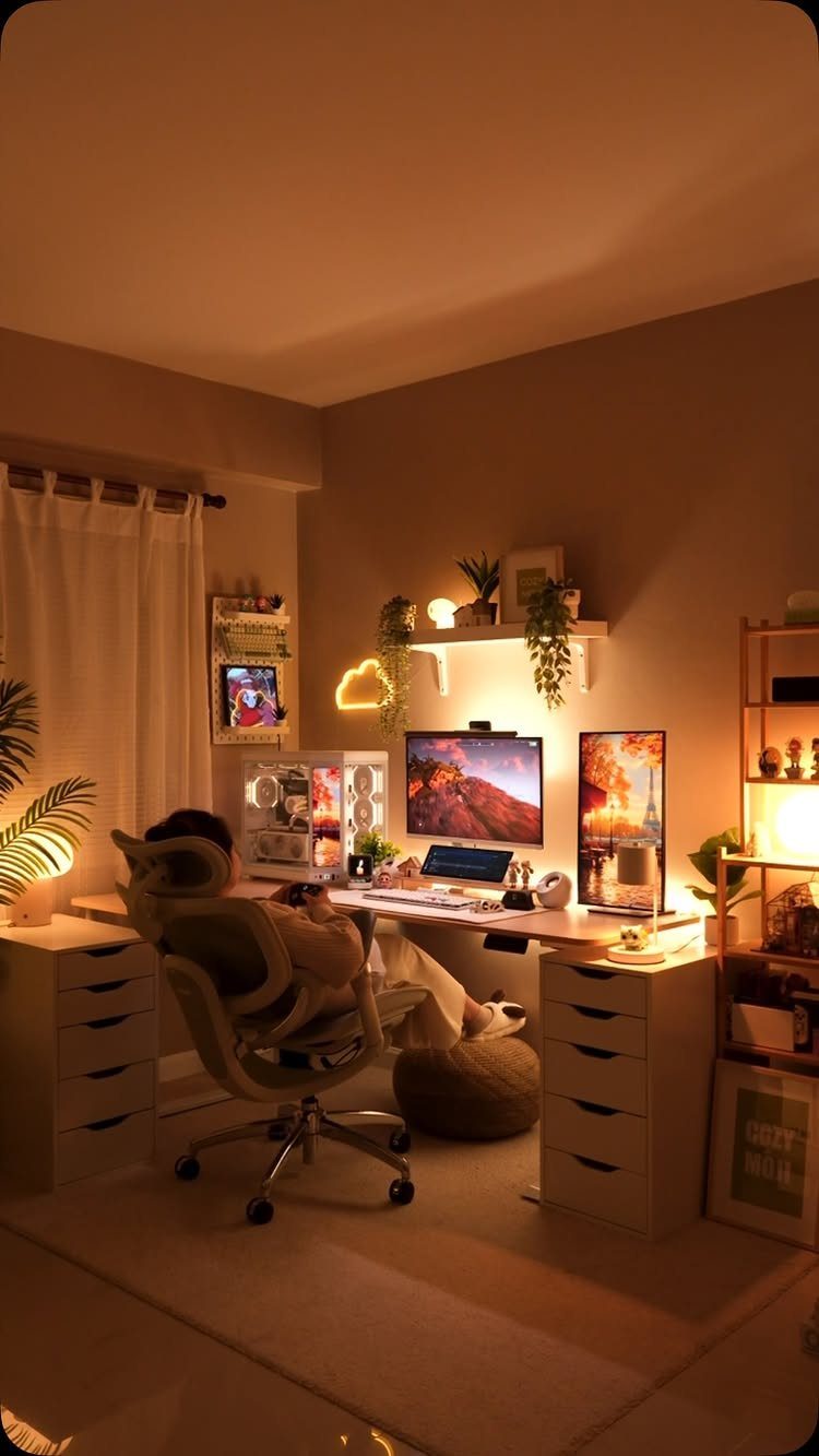 Home office desk with warm layered lighting, computer monitors, and small indoor plants.