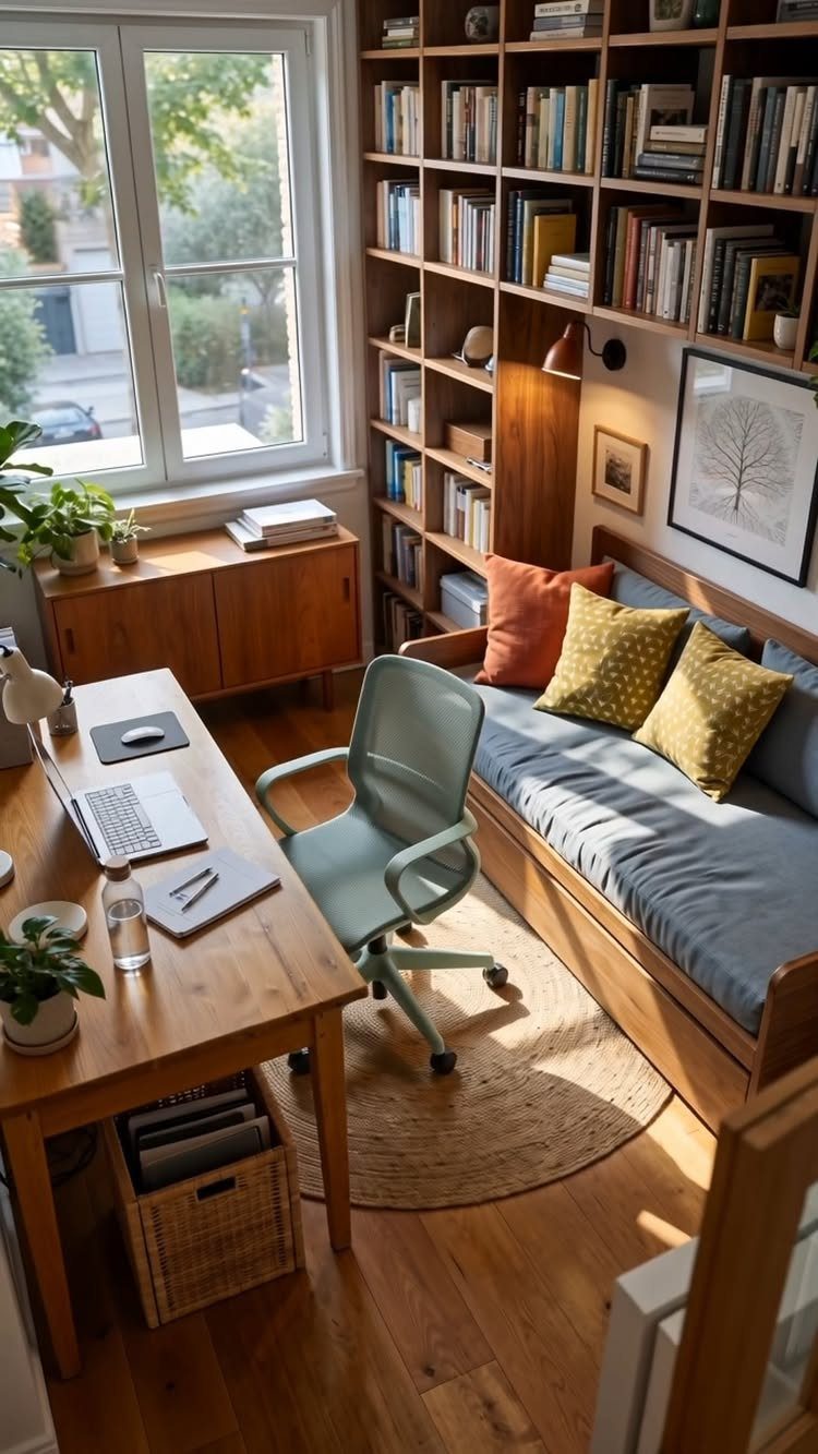 Home office with a wooden desk, blue chair, daybed with cushions, and plants.