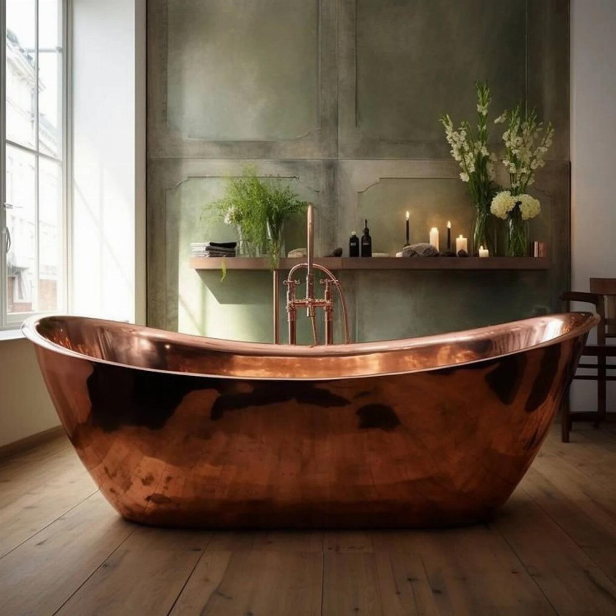 Polished copper freestanding bathtub with matching fixtures in a serene, green-walled bathroom.