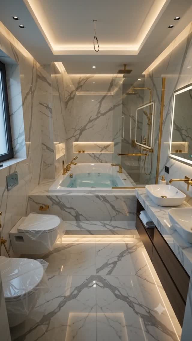 Built-in bathtub on a raised marble platform in a luxury white marble bathroom.