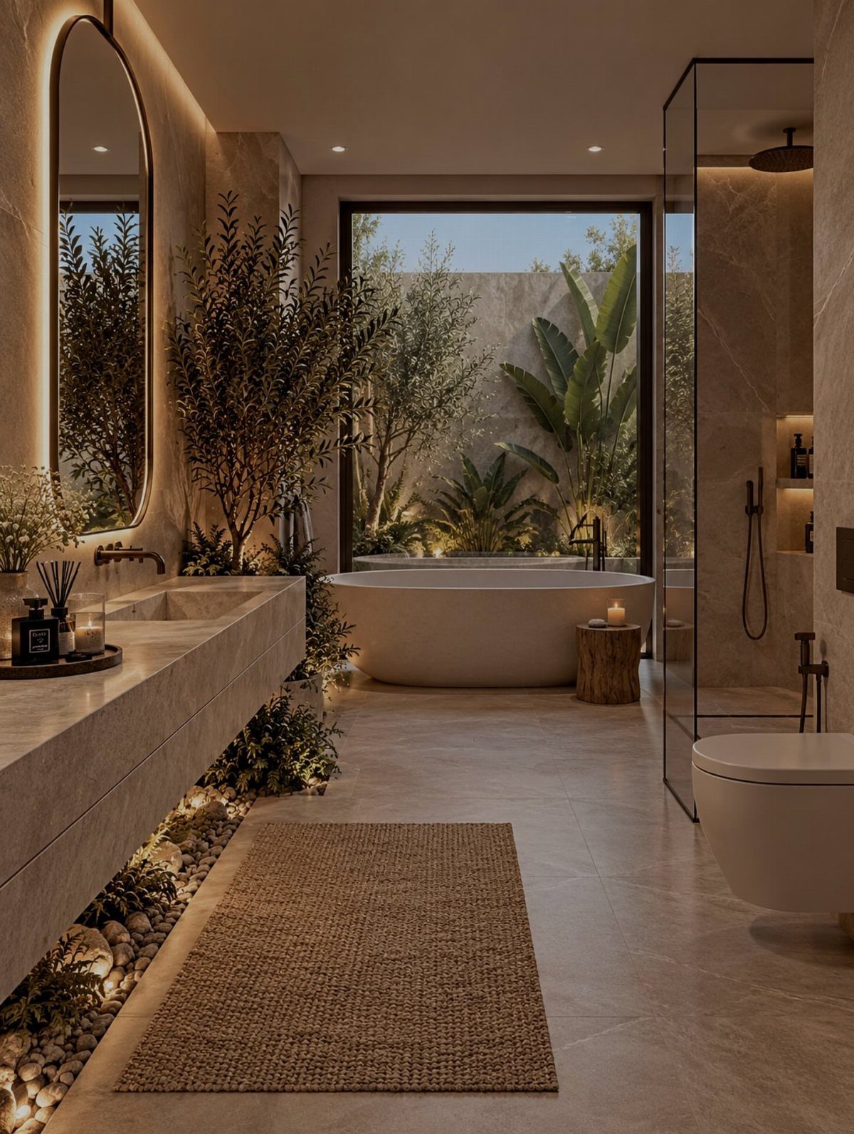 White freestanding bathtub in a stone bathroom surrounded by lush indoor and outdoor plants