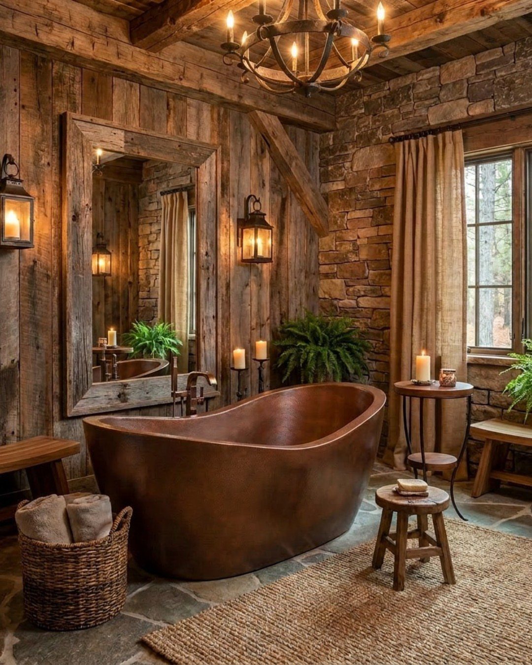 Copper freestanding bathtub in a rustic bathroom with wood walls and stone accents.