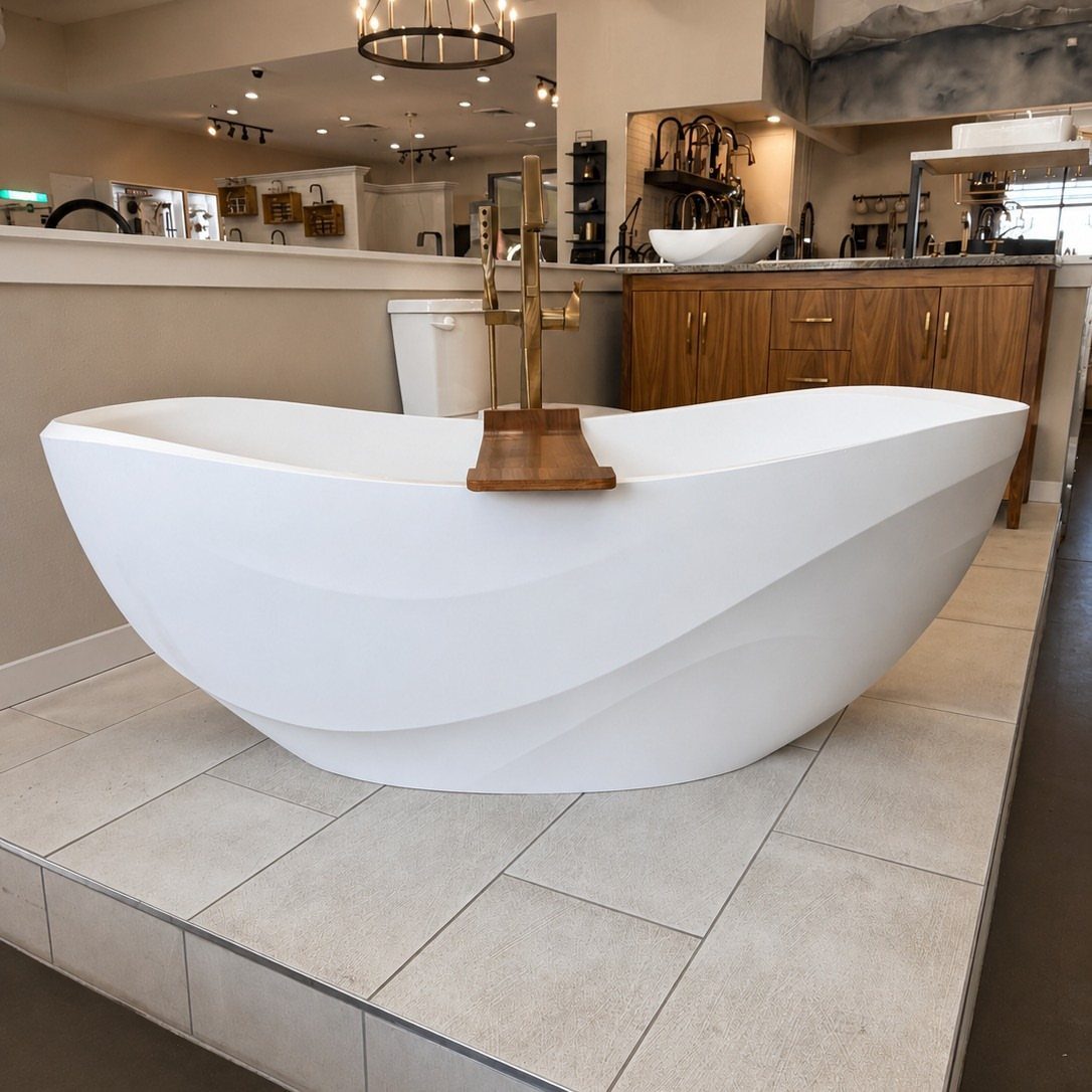 White sculptural bathtub with wave-like curves and gold faucet on tiled platform