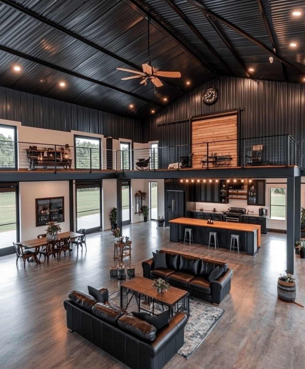 Modern steel building home interior with black metal walls, loft, and open living space