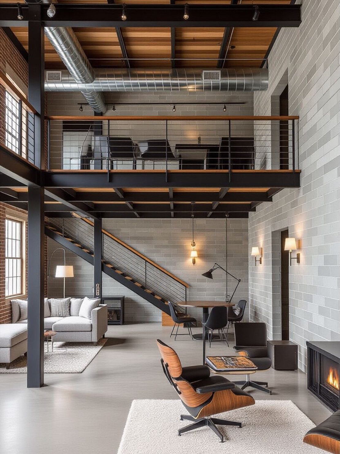 Modern industrial home interior with black steel beams, concrete walls, and a loft.