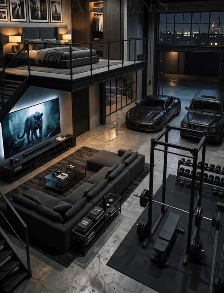 Industrial steel building home interior with mezzanine bedroom, living room, and indoor garage.