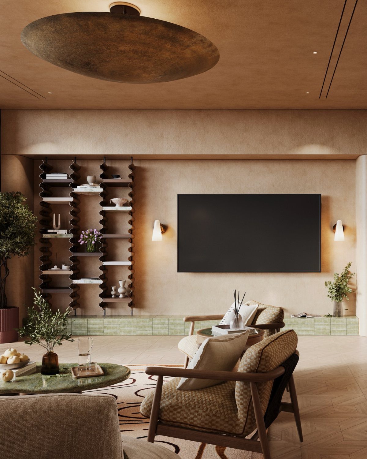 Asymmetrical built-in TV wall with a dark shelving unit and modern armchairs.