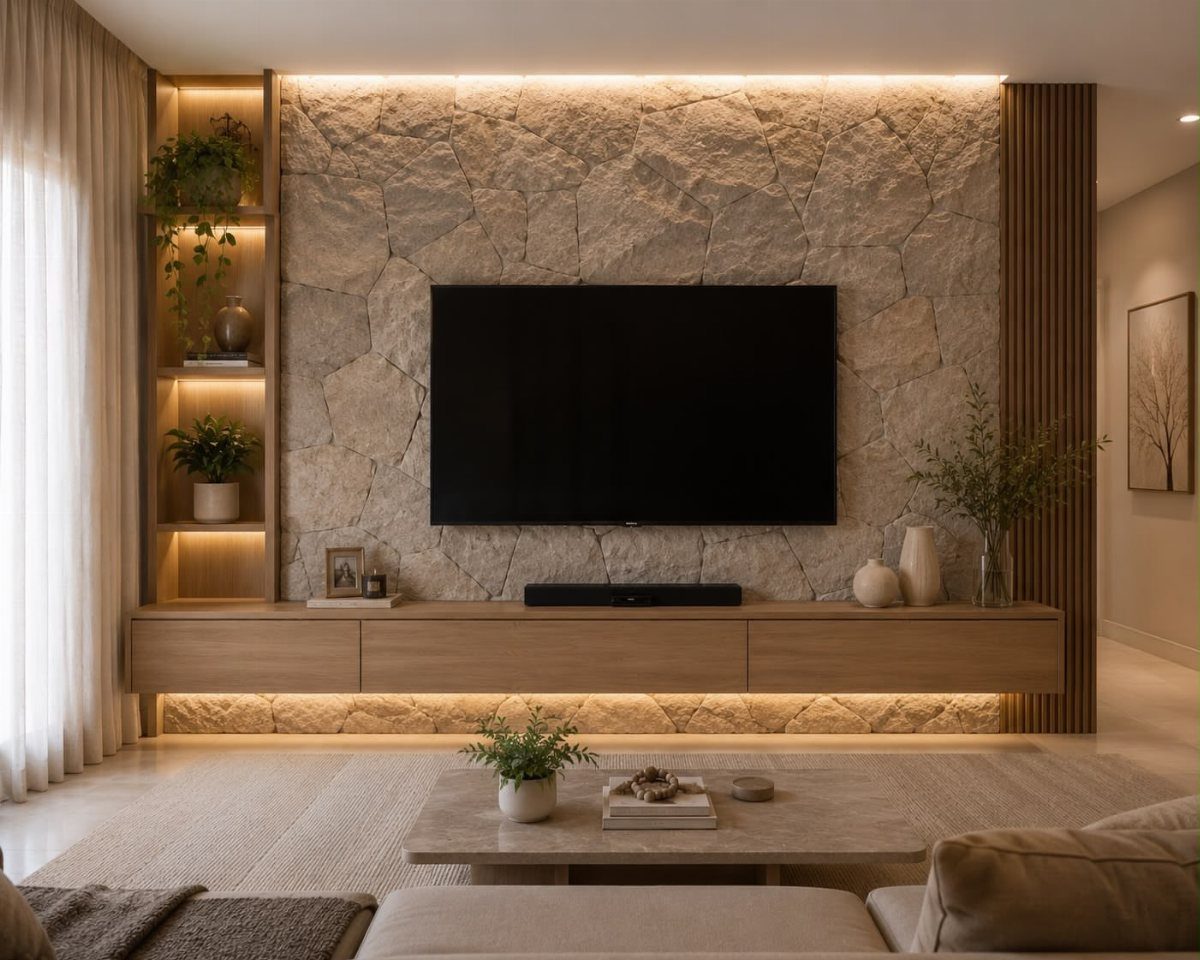 Flat-screen TV mounted on a textured stone wall with floating wooden cabinetry.