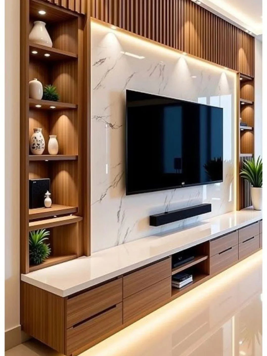 Modern TV wall with white marble panel, wooden open shelving, and lower cabinets.