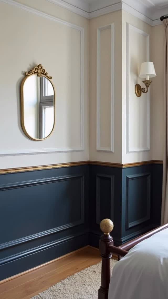 Two toned wall paint with cream upper section and navy blue lower wainscoting.