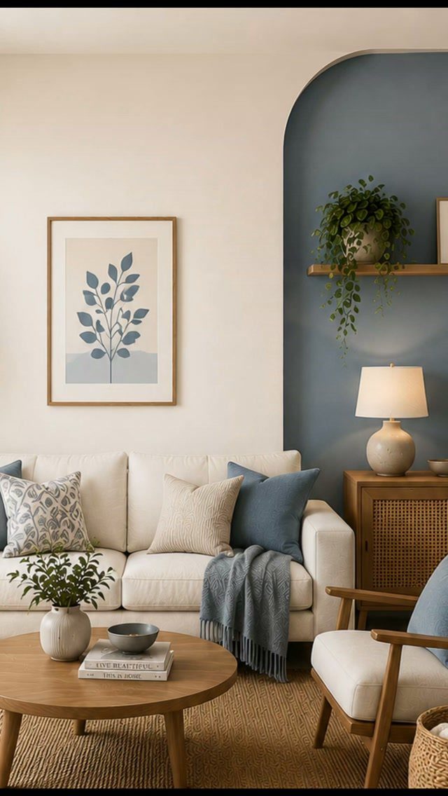 Living room with a white wall and a blue painted arched accent wall.