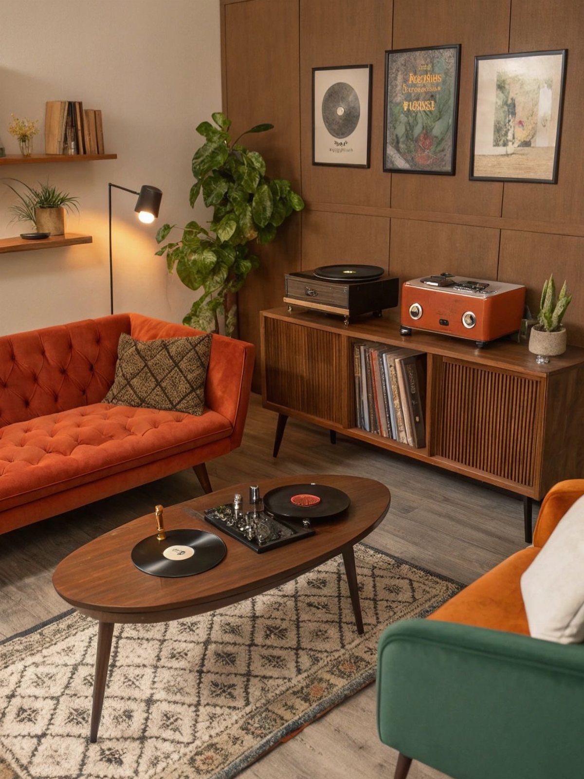 Mid-century modern living room with orange sofa, wooden furniture, and record player setup.