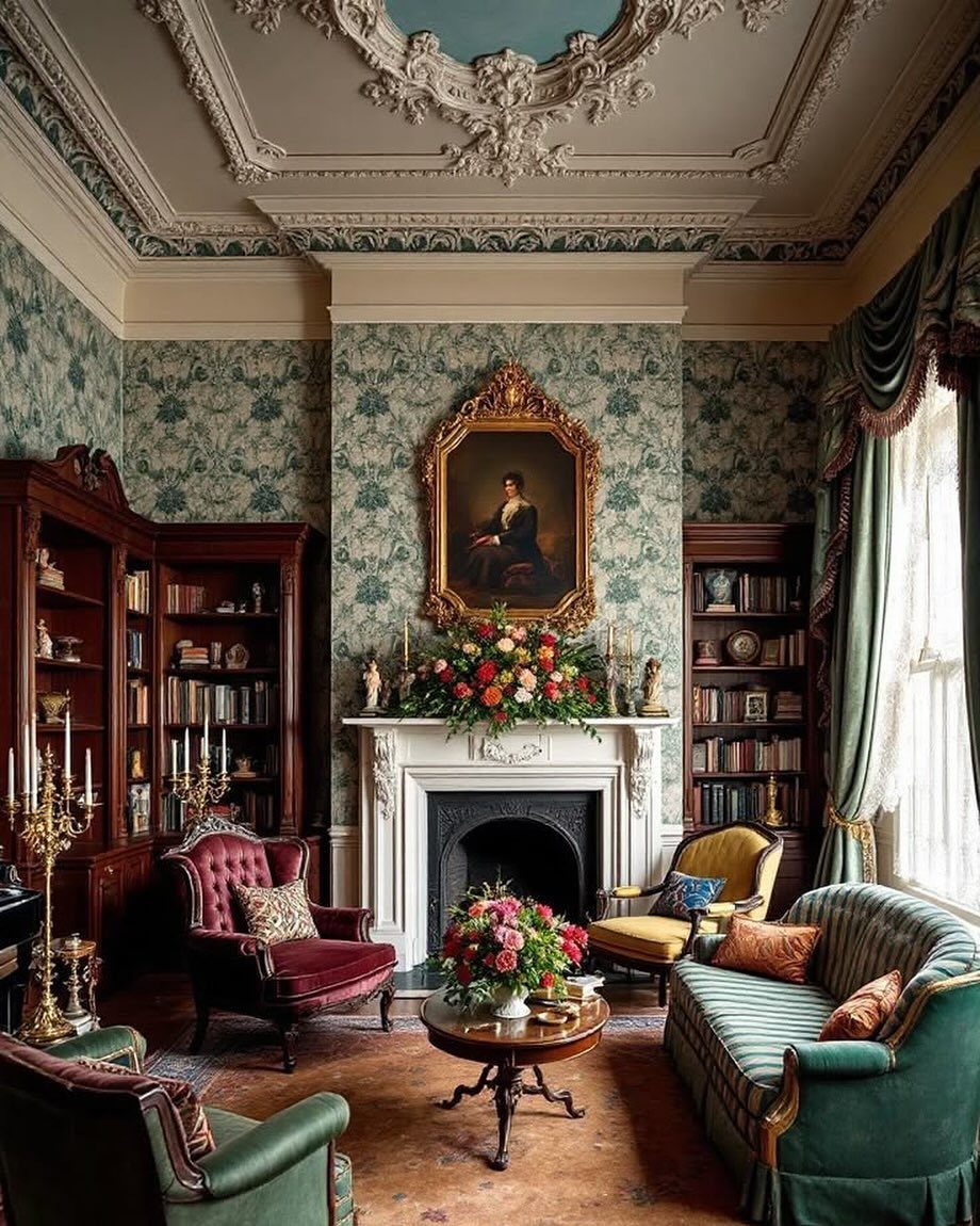 Opulent living room with ornate dark wood bookshelves, velvet furniture, and detailed ceiling molding.