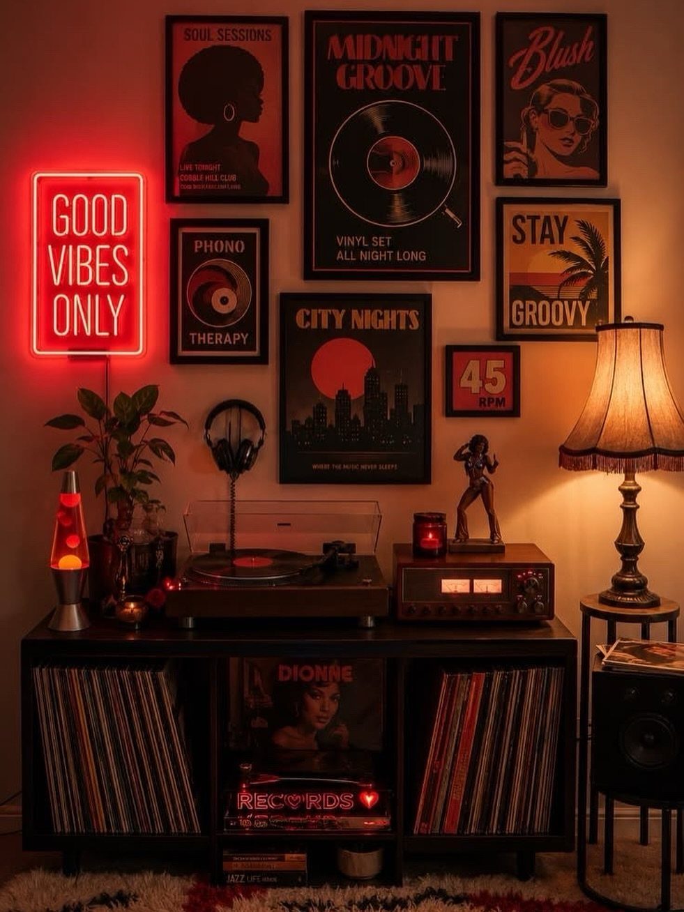 Retro room setup with record player, music posters, and red neon sign.