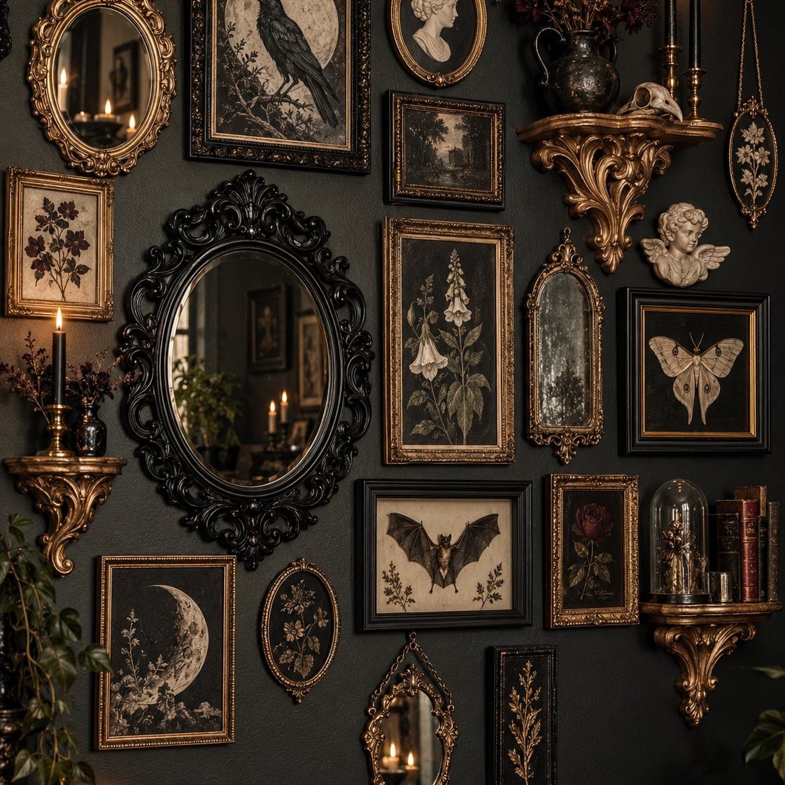Ornate gold and black frames with vintage art on a dark moody wall.